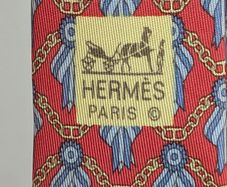 Vintage Hermes Paris Silk Tie 716 FA Red Blue Geometric Medal Motif 9cm