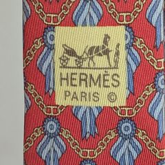 Vintage Hermes Paris Silk Tie 716 FA Red Blue Geometric Medal Motif 9cm