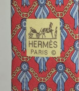 Vintage Hermes Paris Silk Tie 716 FA Red Blue Geometric Medal Motif 9cm