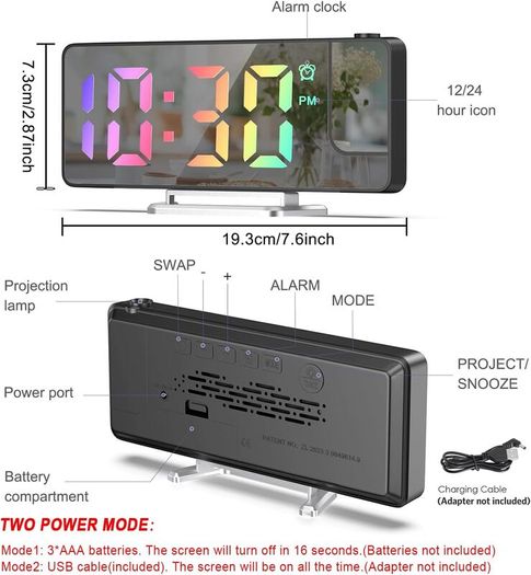 LED Projection Alarm Clocks Digital Clock for Bedroom 180 Rotatable Projector Colorful Digit Display Snooze Temperature 12/24H 4-Level Adjustable Brightness Night Mode for Home Office Decor