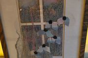 Lovely framed pictuer of modern art A print with added wool and flower's not signed.