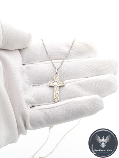 Signed Sterling Silver Cross Necklace, Mother Of Pearl Accent