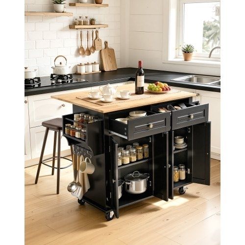 Kitchen Island Cart, 43" Wood Top Mobile Carts with Storage Cabinet, Rolling Table with Drop Leaf, Spice Rack, Towel Bar, Adjustable Shelf, Drawer, and Hooks, Portable Islands on Wheels, Black