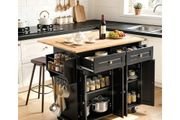 Kitchen Island Cart, 43" Wood Top Mobile Carts with Storage Cabinet, Rolling Table with Drop Leaf, Spice Rack, Towel Bar, Adjustable Shelf, Drawer, and Hooks, Portable Islands on Wheels, Black