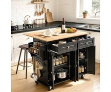 Kitchen Island Cart, 43" Wood Top Mobile Carts with Storage Cabinet, Rolling Table with Drop Leaf, Spice Rack, Towel Bar, Adjustable Shelf, Drawer, and Hooks, Portable Islands on Wheels, Black