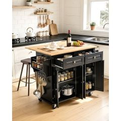 Kitchen Island Cart, 43" Wood Top Mobile Carts with Storage Cabinet, Rolling Table with Drop Leaf, Spice Rack, Towel Bar, Adjustable Shelf, Drawer, and Hooks, Portable Islands on Wheels, Black