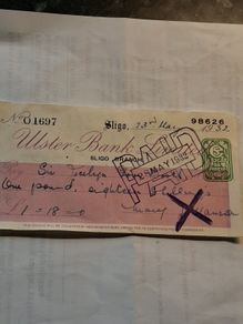 1932 Ulster Bank Cheque Paid To Sir Jocelyn Gore Booth In 1932