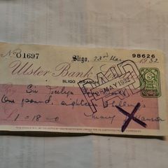 1932 Ulster Bank Cheque Paid To Sir Jocelyn Gore Booth In 1932
