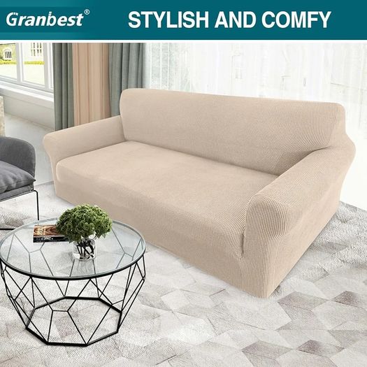 High Stretch Sofa Covers 3 Seater Super Soft Stylish Couch Covers for Dogs Pets Cats Jacquard Spandex Non Slip Sofa Slipcover for Living Room Furniture Protector 3 Seater, Beige