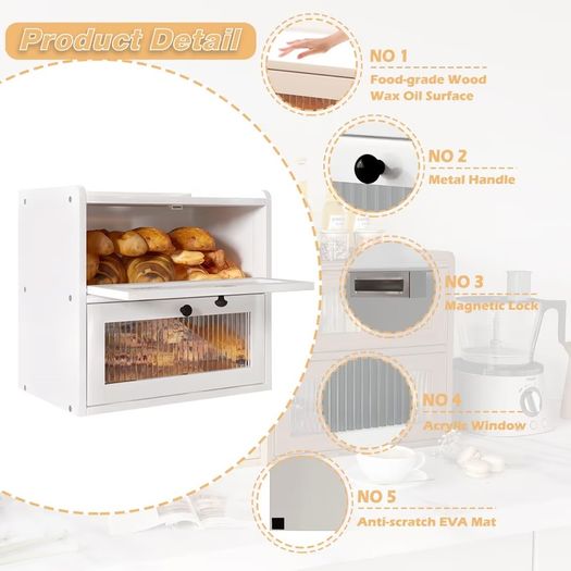 Brand New Wooden Bread Box 2-Tier Ventilated Storage Container