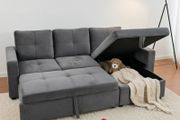 Grey velvet Corner Sofa Bed with Storage