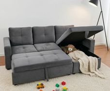 Grey velvet Corner Sofa Bed with Storage