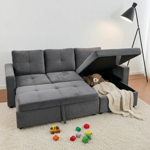 Grey velvet Corner Sofa Bed with Storage