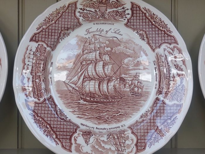 Vintage Set of Six Brown and White Fair Winds, Historical Scenes of Chinese Export to America - "The Friendship of Salem" Large Dinner Plates by Alfred Meakin
