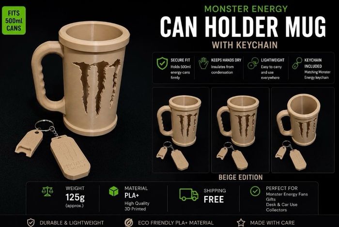 Monster Energy Can Holder Mug with Keychain | Gamer Desk Accessory
