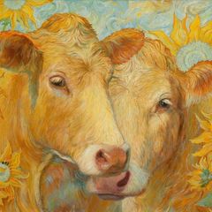 Original Oil on Canvas 90x65cm - Cows Sunflowers and a Bee