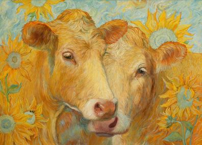 Original Oil on Canvas 90x65cm - Cows Sunflowers and a Bee