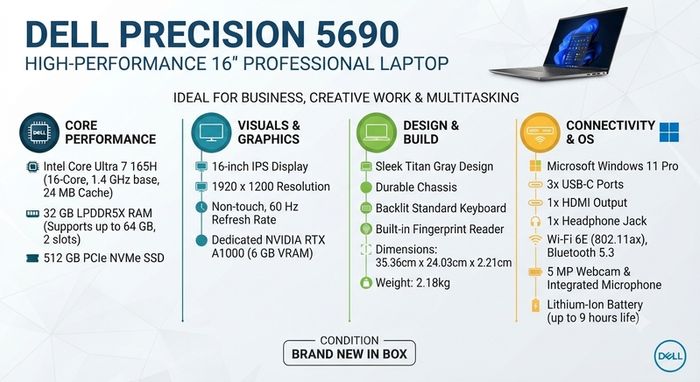16" inch Dell Precision 5690 Laptop | intel core Ultra 7 165H | 32GB Ram | 512 SSD RTX 2000 Brand New | Never Used