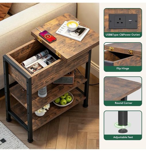 Side Table with Charging Station, Small Flip Top Narrow Sofa End Table with USB Ports, Type C Ports and Outlets, with Storage, 3-Tier, for Living Room, Bedroom, Brown