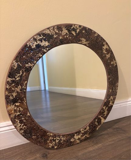 Round Mosaic Wall Mirror with Crackled Gold & Dark Brown Frame
