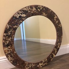 Round Mosaic Wall Mirror with Crackled Gold & Dark Brown Frame