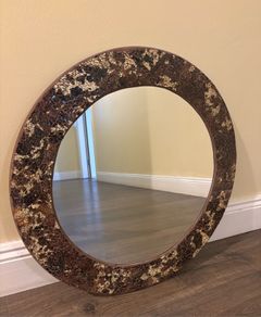 Round Mosaic Wall Mirror with Crackled Gold & Dark Brown Frame