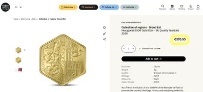 France 500 Euro Gold (.9999) Brilliant Uncirculated Coin 2026 - Grand Est - Collection of regions