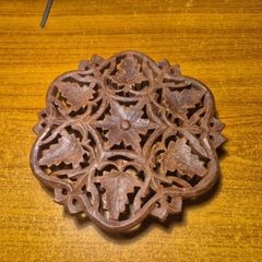 Vintage Handcarved Wooden Teapot Holder Trivet Brown Floral Hand carved Wooden Pot Stand