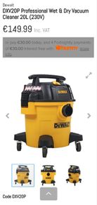 DeWALT DXV20P 20L Professional Wet / Dry Vacuum With Dust Collection & Blower Function.