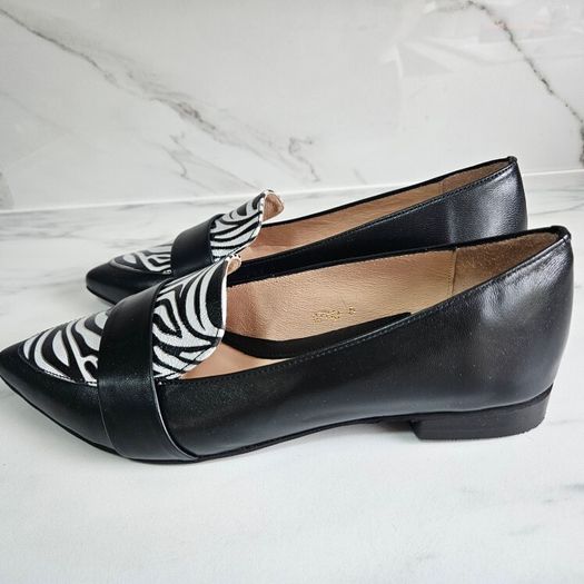 Emis slip on gorgeous leather flat black shoes with zebra detail RRP 100 euro new & boxed sizes UK 4 & UK 5