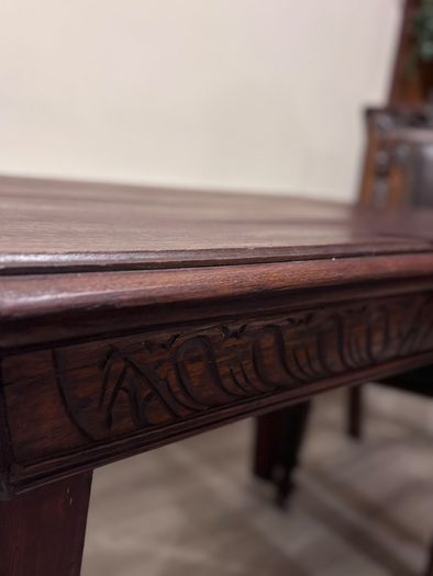 French Renaissance Revival Carved Oak Dining Set w/ 4 Leather Chairs