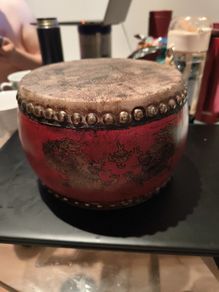 Vintage Chinese Red Lacquer Dragon Hide Tom-Tom Drum, Double-Sided Cowhide, Traditional Folk Art