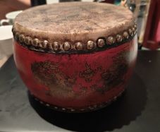 Vintage Chinese Red Lacquer Dragon Hide Tom-Tom Drum, Double-Sided Cowhide, Traditional Folk Art