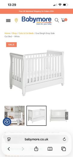 Babymore Eva Sleigh Cot Bed and Mattress Like New