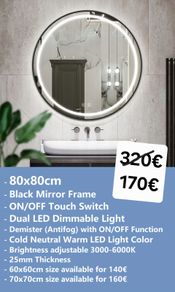 LED Bathroom Mirror 80cm Round Antifog Demister Black Frame