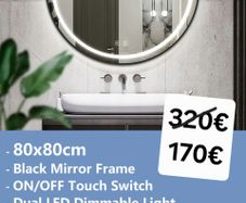 LED Bathroom Mirror 80cm Round Antifog Demister Black Frame
