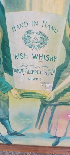 framed advertising Alderdice & Duncan ,newery ireland irish whiskey, few marks on picture,sold as seen ,nice in any home bar or man cave pub restaurant etc,,cme from closed down pub, abit faded etc ,see pictures for condition, sold as seen