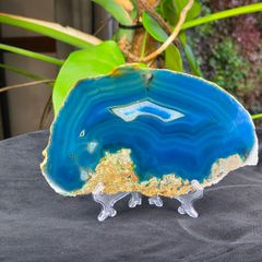 Large Blue Agate Slice Display Specimen with Clear Acrylic Stand 18cm
