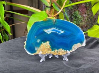 Large Blue Agate Slice Display Specimen with Clear Acrylic Stand 18cm