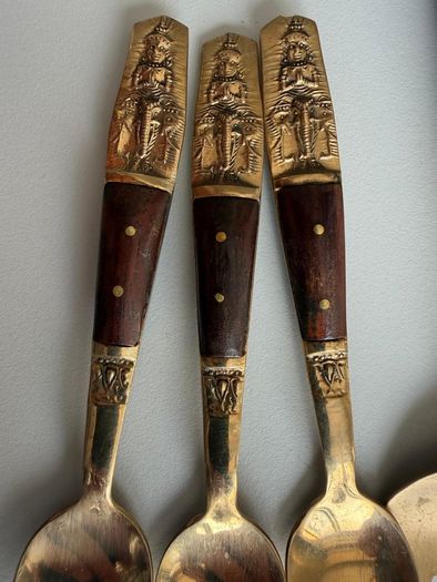 Vintage Thai Nickel Bronze & Rosewood 7-Piece Dessert Serving Set - 6 Spoons & Fork