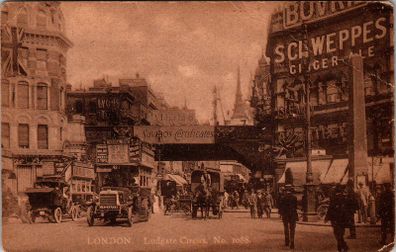 1921, DB Postcard London Ludgate Circus St Pauls Vintage Buses Schweppes Sign
