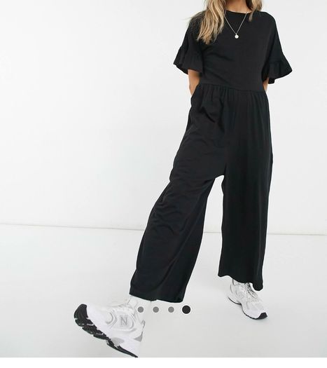 ASOS Design jersey smock jumpsuit with frill sleeve in black Size UK 8