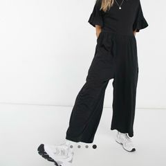 ASOS Design jersey smock jumpsuit with frill sleeve in black Size UK 8