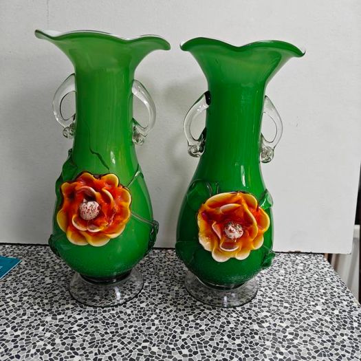 Pair of Murano style 11 inch green glass floral vases