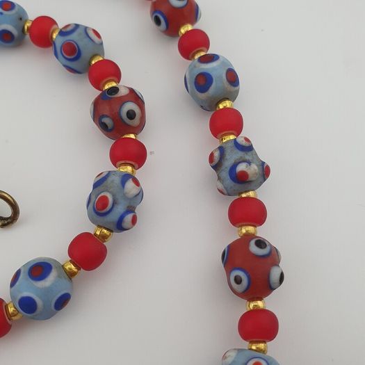 Antique Venetian Style Blue Skunk Eyes & Red Venetian WhiteHeart Glass Beads Necklace
