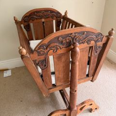 Beautiful Vintage Hand-Carved Wooden Rocking Cradle