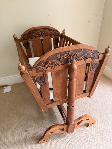 Beautiful Vintage Hand-Carved Wooden Rocking Cradle