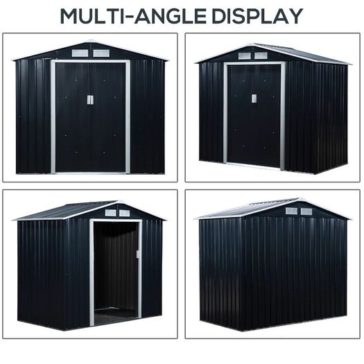 NEW SALE | 7ft x 4ft Lockable Garden Shed Large Patio Roofed Tool Metal Storage Building Foundation Sheds Box Outdoor Furniture, Dark Grey