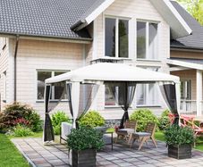 Outsunny 3x3m Metal Gazebo with Sides - Double Roof & Mesh Walls for Family Gatherings, Taupe