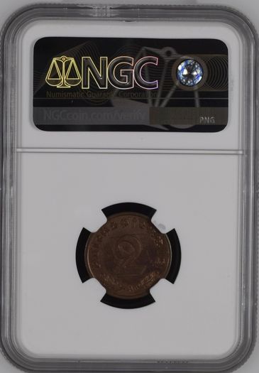 War-time Germany 1939A 2 Reichspfennig NGC Graded MS63 RB
